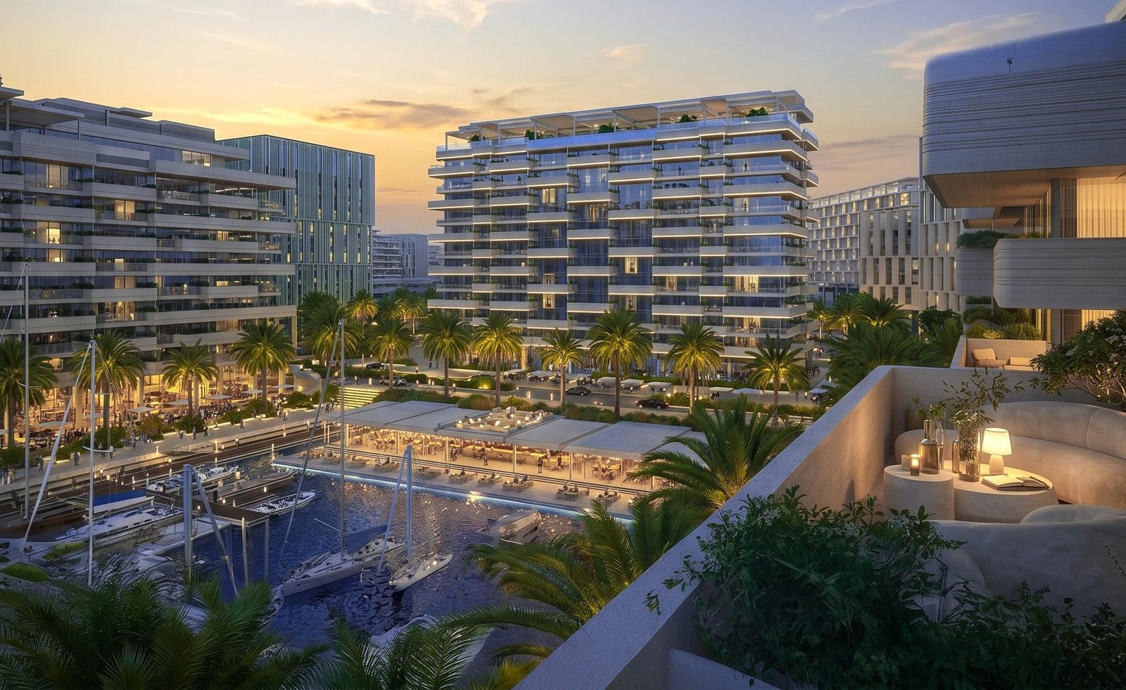 Aerial view of Luluat Al Raha island community with marina and waterfront residences in Abu Dhabi