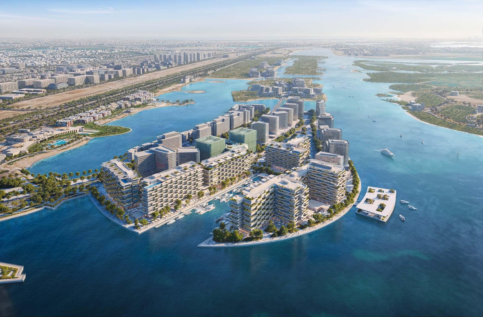 Marina promenade at Luluat Al Raha with berthed boats, palms and waterfront retail in Abu Dhabi
